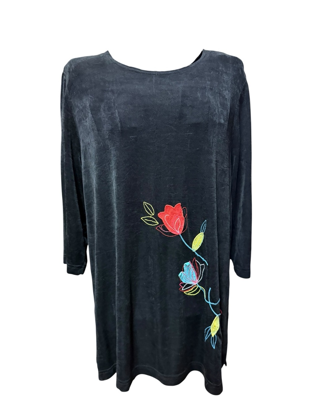 Vikki Vi Black Long Sleeve Tunic Dress Colorful Rose Floral Embroidery 0X